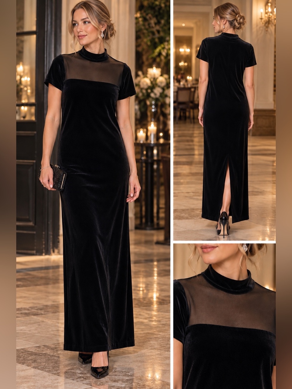 Studio Jazz Black Velvet Maxi Dress with Sheer Yoke